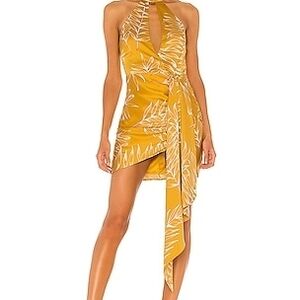 Yellow Halter Wrap Mini Dress with Leaf Print